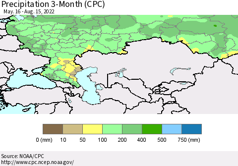 Russian Federation Precipitation 3-Month (CPC) Thematic Map For 5/16/2022 - 8/15/2022