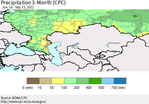 Russian Federation Precipitation 3-Month (CPC) Thematic Map For 6/16/2022 - 9/15/2022