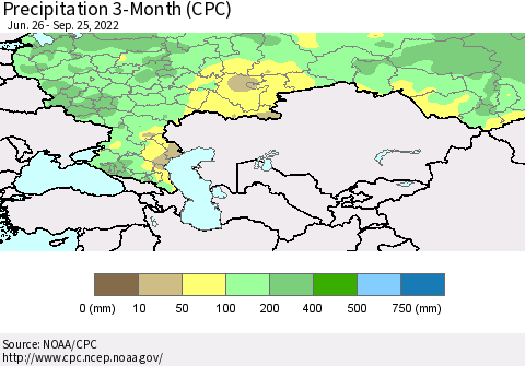 Russian Federation Precipitation 3-Month (CPC) Thematic Map For 6/26/2022 - 9/25/2022