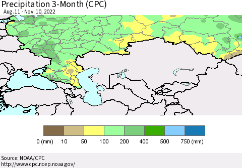 Russian Federation Precipitation 3-Month (CPC) Thematic Map For 8/11/2022 - 11/10/2022