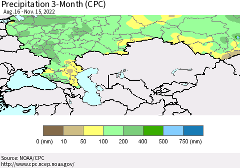Russian Federation Precipitation 3-Month (CPC) Thematic Map For 8/16/2022 - 11/15/2022