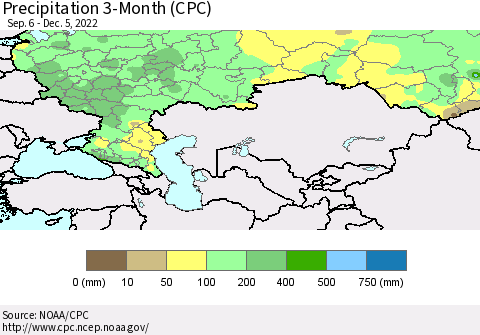 Russian Federation Precipitation 3-Month (CPC) Thematic Map For 9/6/2022 - 12/5/2022