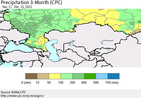 Russian Federation Precipitation 3-Month (CPC) Thematic Map For 9/11/2022 - 12/10/2022
