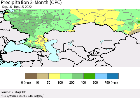 Russian Federation Precipitation 3-Month (CPC) Thematic Map For 9/16/2022 - 12/15/2022