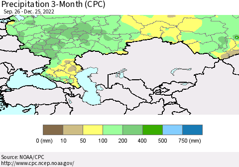 Russian Federation Precipitation 3-Month (CPC) Thematic Map For 9/26/2022 - 12/25/2022