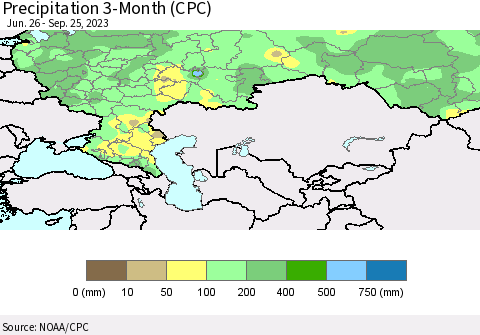 Russian Federation Precipitation 3-Month (CPC) Thematic Map For 6/26/2023 - 9/25/2023