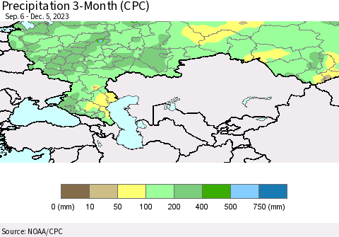 Russian Federation Precipitation 3-Month (CPC) Thematic Map For 9/6/2023 - 12/5/2023