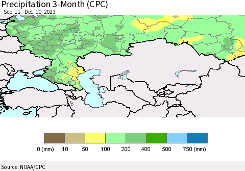Russian Federation Precipitation 3-Month (CPC) Thematic Map For 9/11/2023 - 12/10/2023