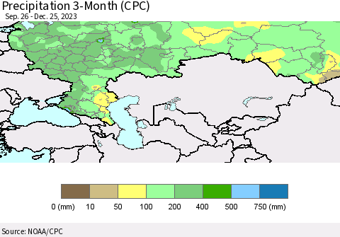 Russian Federation Precipitation 3-Month (CPC) Thematic Map For 9/26/2023 - 12/25/2023
