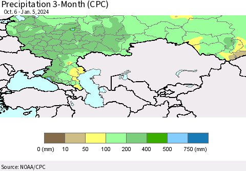 Russian Federation Precipitation 3-Month (CPC) Thematic Map For 10/6/2023 - 1/5/2024