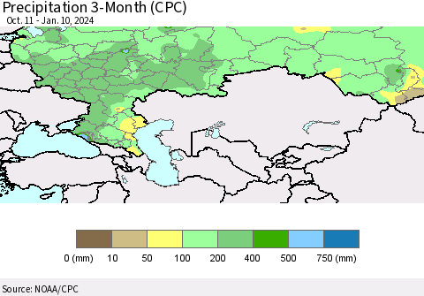 Russian Federation Precipitation 3-Month (CPC) Thematic Map For 10/11/2023 - 1/10/2024