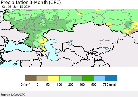 Russian Federation Precipitation 3-Month (CPC) Thematic Map For 10/16/2023 - 1/15/2024