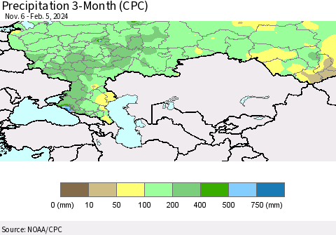 Russian Federation Precipitation 3-Month (CPC) Thematic Map For 11/6/2023 - 2/5/2024