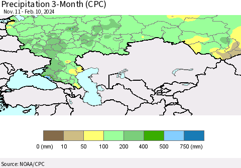 Russian Federation Precipitation 3-Month (CPC) Thematic Map For 11/11/2023 - 2/10/2024
