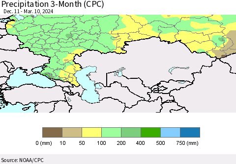 Russian Federation Precipitation 3-Month (CPC) Thematic Map For 12/11/2023 - 3/10/2024