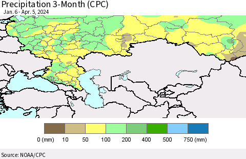 Russian Federation Precipitation 3-Month (CPC) Thematic Map For 1/6/2024 - 4/5/2024