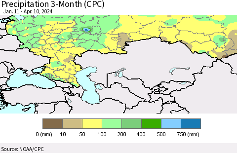 Russian Federation Precipitation 3-Month (CPC) Thematic Map For 1/11/2024 - 4/10/2024