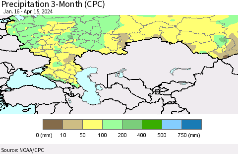 Russian Federation Precipitation 3-Month (CPC) Thematic Map For 1/16/2024 - 4/15/2024