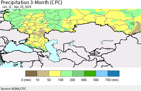 Russian Federation Precipitation 3-Month (CPC) Thematic Map For 1/21/2024 - 4/20/2024
