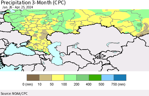 Russian Federation Precipitation 3-Month (CPC) Thematic Map For 1/26/2024 - 4/25/2024