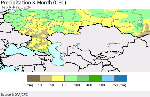 Russian Federation Precipitation 3-Month (CPC) Thematic Map For 2/6/2024 - 5/5/2024