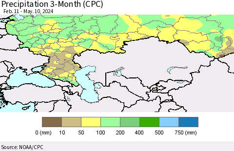Russian Federation Precipitation 3-Month (CPC) Thematic Map For 2/11/2024 - 5/10/2024