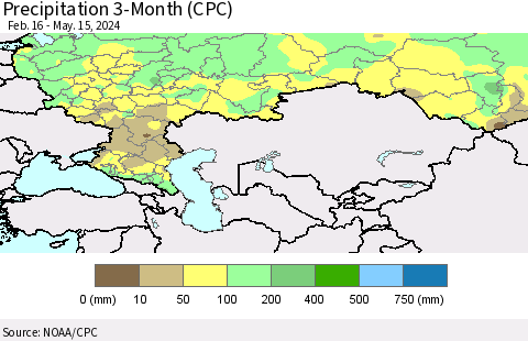 Russian Federation Precipitation 3-Month (CPC) Thematic Map For 2/16/2024 - 5/15/2024