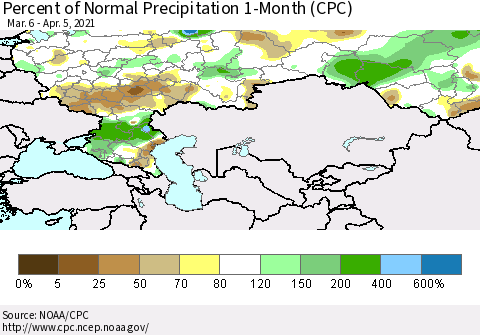 Russian Federation Percent of Normal Precipitation 1-Month (CPC) Thematic Map For 3/6/2021 - 4/5/2021