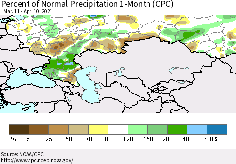 Russian Federation Percent of Normal Precipitation 1-Month (CPC) Thematic Map For 3/11/2021 - 4/10/2021