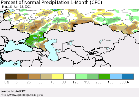 Russian Federation Percent of Normal Precipitation 1-Month (CPC) Thematic Map For 3/16/2021 - 4/15/2021