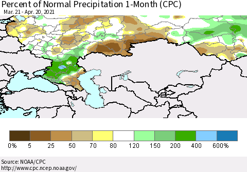 Russian Federation Percent of Normal Precipitation 1-Month (CPC) Thematic Map For 3/21/2021 - 4/20/2021