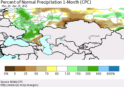 Russian Federation Percent of Normal Precipitation 1-Month (CPC) Thematic Map For 3/26/2021 - 4/25/2021