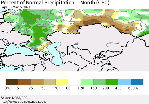 Russian Federation Percent of Normal Precipitation 1-Month (CPC) Thematic Map For 4/6/2021 - 5/5/2021