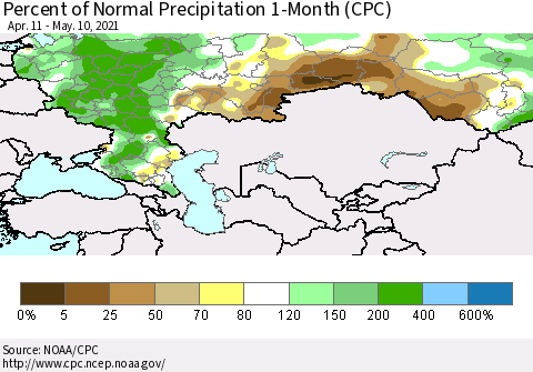 Russian Federation Percent of Normal Precipitation 1-Month (CPC) Thematic Map For 4/11/2021 - 5/10/2021