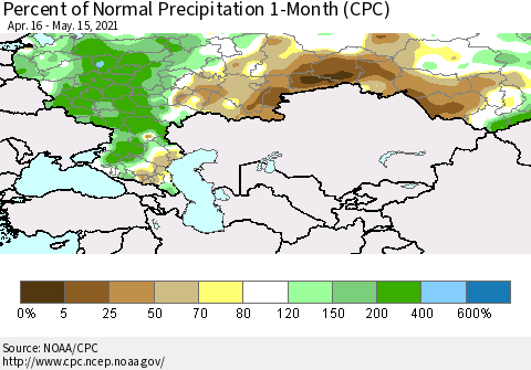 Russian Federation Percent of Normal Precipitation 1-Month (CPC) Thematic Map For 4/16/2021 - 5/15/2021