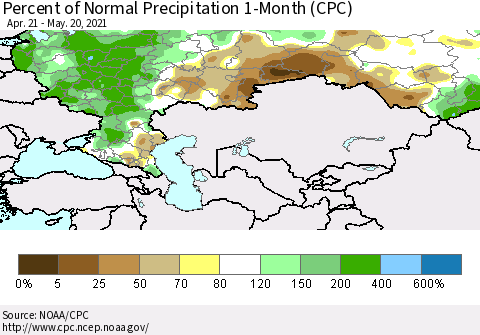 Russian Federation Percent of Normal Precipitation 1-Month (CPC) Thematic Map For 4/21/2021 - 5/20/2021