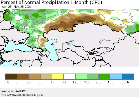 Russian Federation Percent of Normal Precipitation 1-Month (CPC) Thematic Map For 4/26/2021 - 5/25/2021