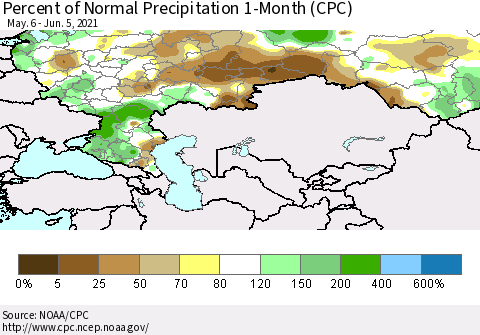 Russian Federation Percent of Normal Precipitation 1-Month (CPC) Thematic Map For 5/6/2021 - 6/5/2021