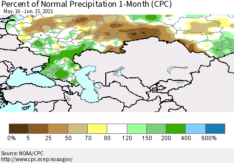 Russian Federation Percent of Normal Precipitation 1-Month (CPC) Thematic Map For 5/16/2021 - 6/15/2021