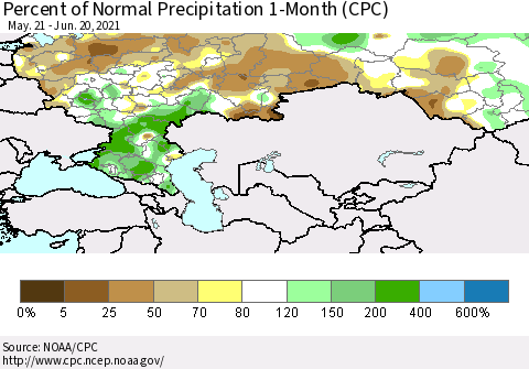 Russian Federation Percent of Normal Precipitation 1-Month (CPC) Thematic Map For 5/21/2021 - 6/20/2021