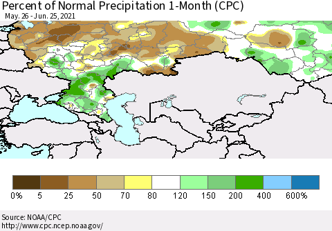 Russian Federation Percent of Normal Precipitation 1-Month (CPC) Thematic Map For 5/26/2021 - 6/25/2021