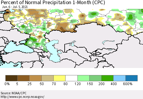 Russian Federation Percent of Normal Precipitation 1-Month (CPC) Thematic Map For 6/6/2021 - 7/5/2021