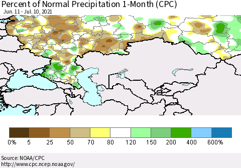 Russian Federation Percent of Normal Precipitation 1-Month (CPC) Thematic Map For 6/11/2021 - 7/10/2021