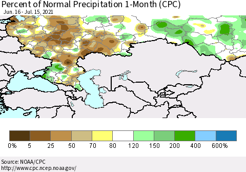 Russian Federation Percent of Normal Precipitation 1-Month (CPC) Thematic Map For 6/16/2021 - 7/15/2021