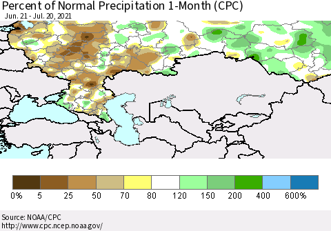 Russian Federation Percent of Normal Precipitation 1-Month (CPC) Thematic Map For 6/21/2021 - 7/20/2021