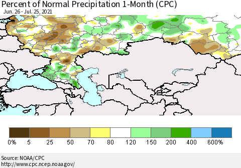 Russian Federation Percent of Normal Precipitation 1-Month (CPC) Thematic Map For 6/26/2021 - 7/25/2021