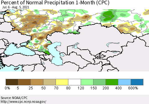 Russian Federation Percent of Normal Precipitation 1-Month (CPC) Thematic Map For 7/6/2021 - 8/5/2021