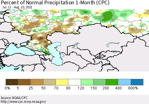 Russian Federation Percent of Normal Precipitation 1-Month (CPC) Thematic Map For 7/11/2021 - 8/10/2021