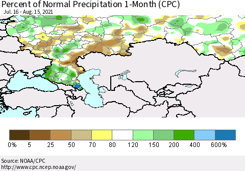 Russian Federation Percent of Normal Precipitation 1-Month (CPC) Thematic Map For 7/16/2021 - 8/15/2021