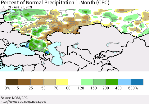 Russian Federation Percent of Normal Precipitation 1-Month (CPC) Thematic Map For 7/21/2021 - 8/20/2021